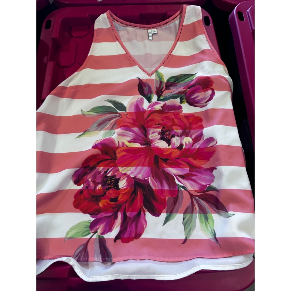Elle Womens XL Pink White Striped Floral V-Neck Sleeveless Blouse Top